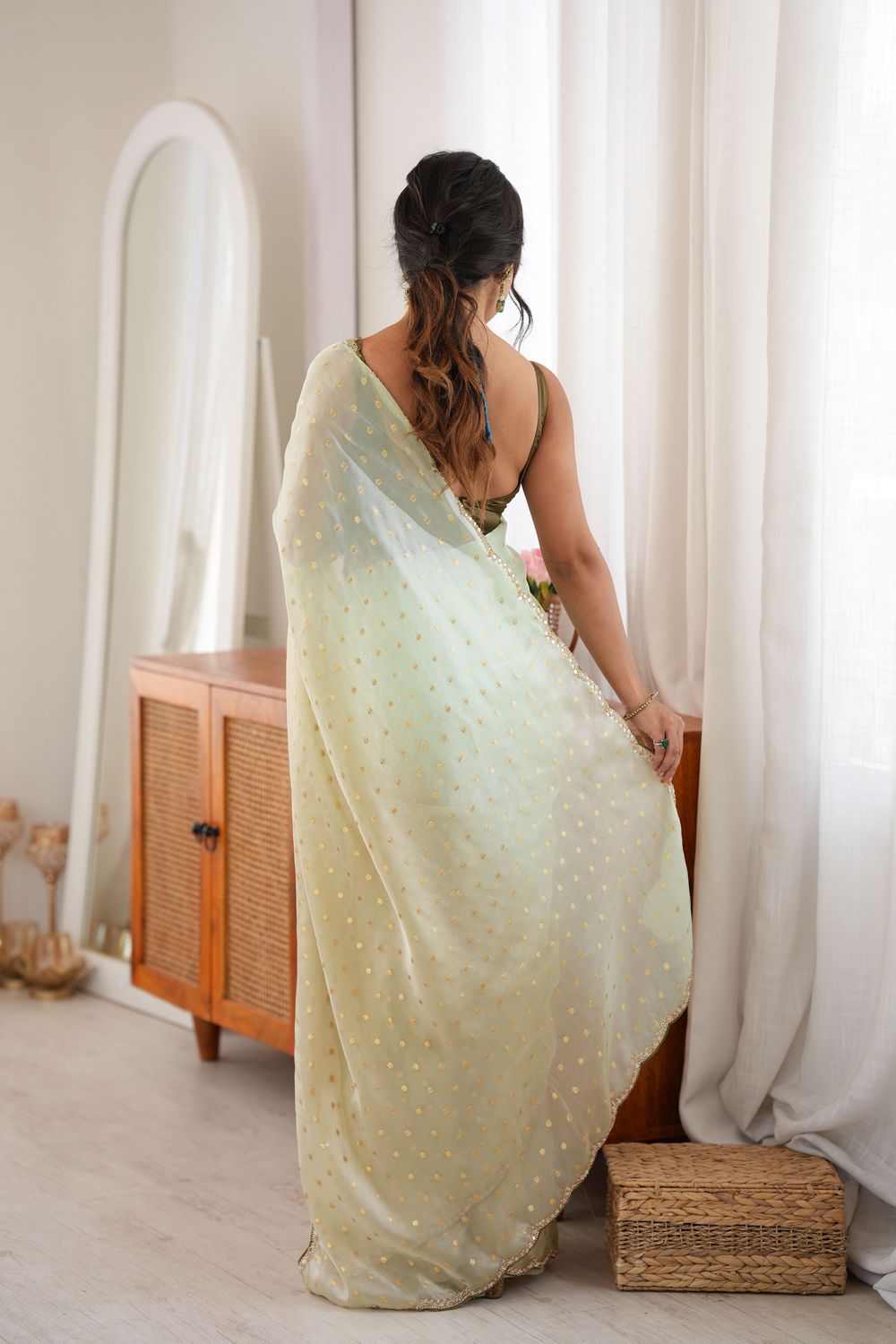 Cassia Pastel Mint Green Satin Woven Butti Beads Cut Dana Work Ready to Wear Saree