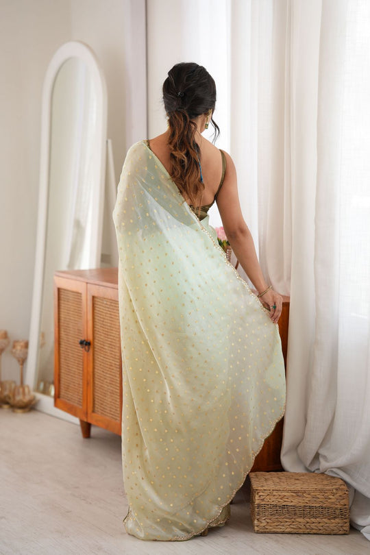 Cassia Pastel Mint Green Satin Woven Butti Beads Cut Dana Work Ready to Wear Saree