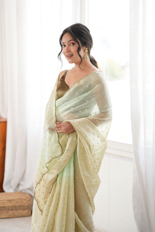 Cassia Pastel Mint Green Satin Woven Butti Beads Cut Dana Work Ready to Wear Saree