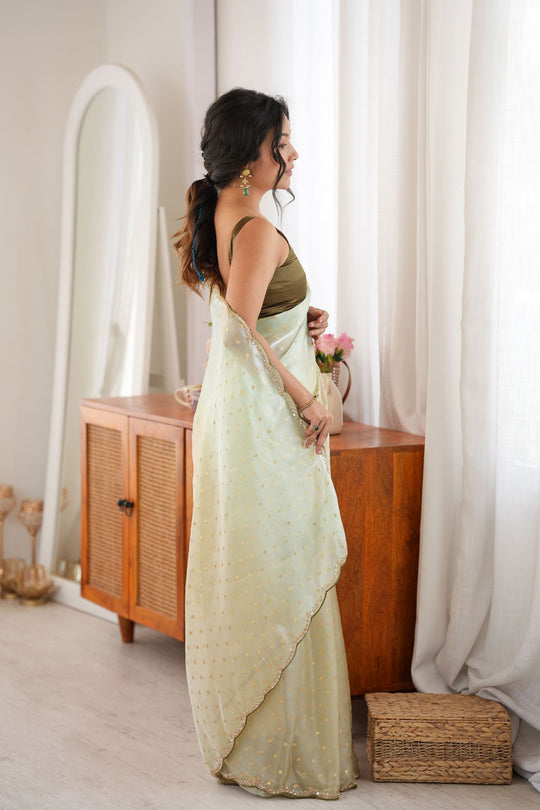 Cassia Pastel Mint Green Satin Woven Butti Beads Cut Dana Work Ready to Wear Saree