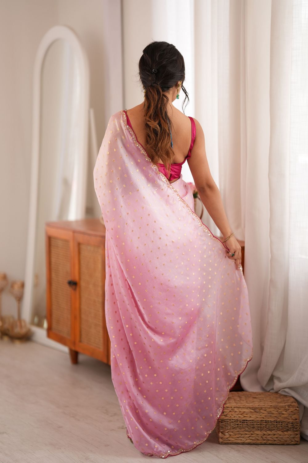 Cassia Baby Pink Satin Woven Butti Beads Cut Dana Work Ready to Wear Saree