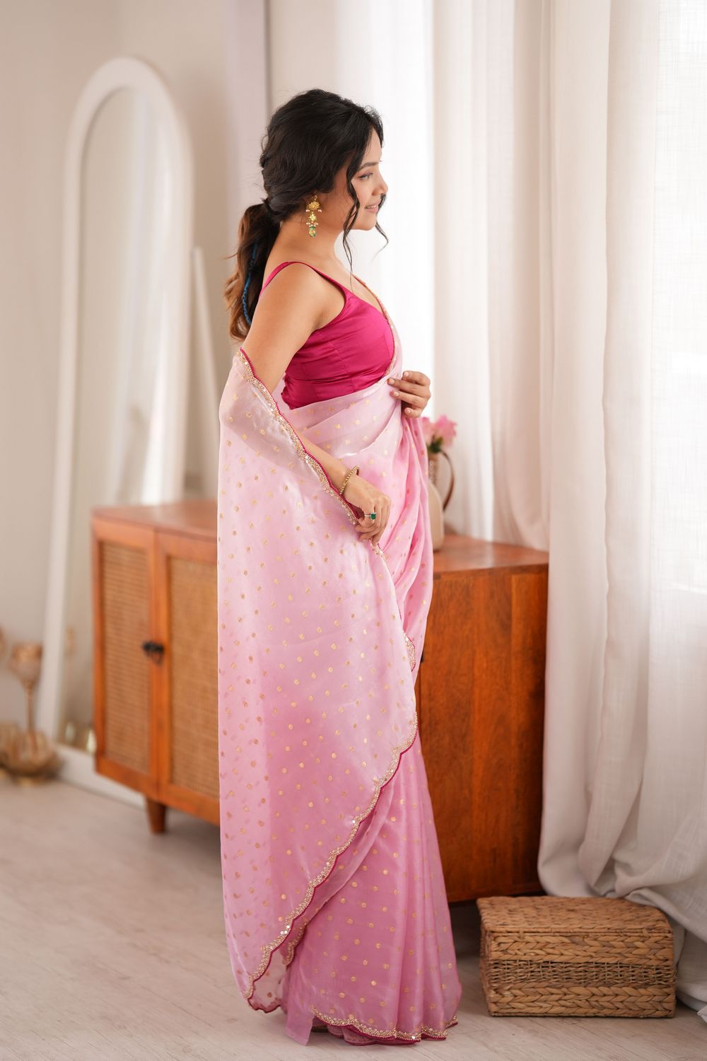 Cassia Baby Pink Satin Woven Butti Beads Cut Dana Work Ready to Wear Saree