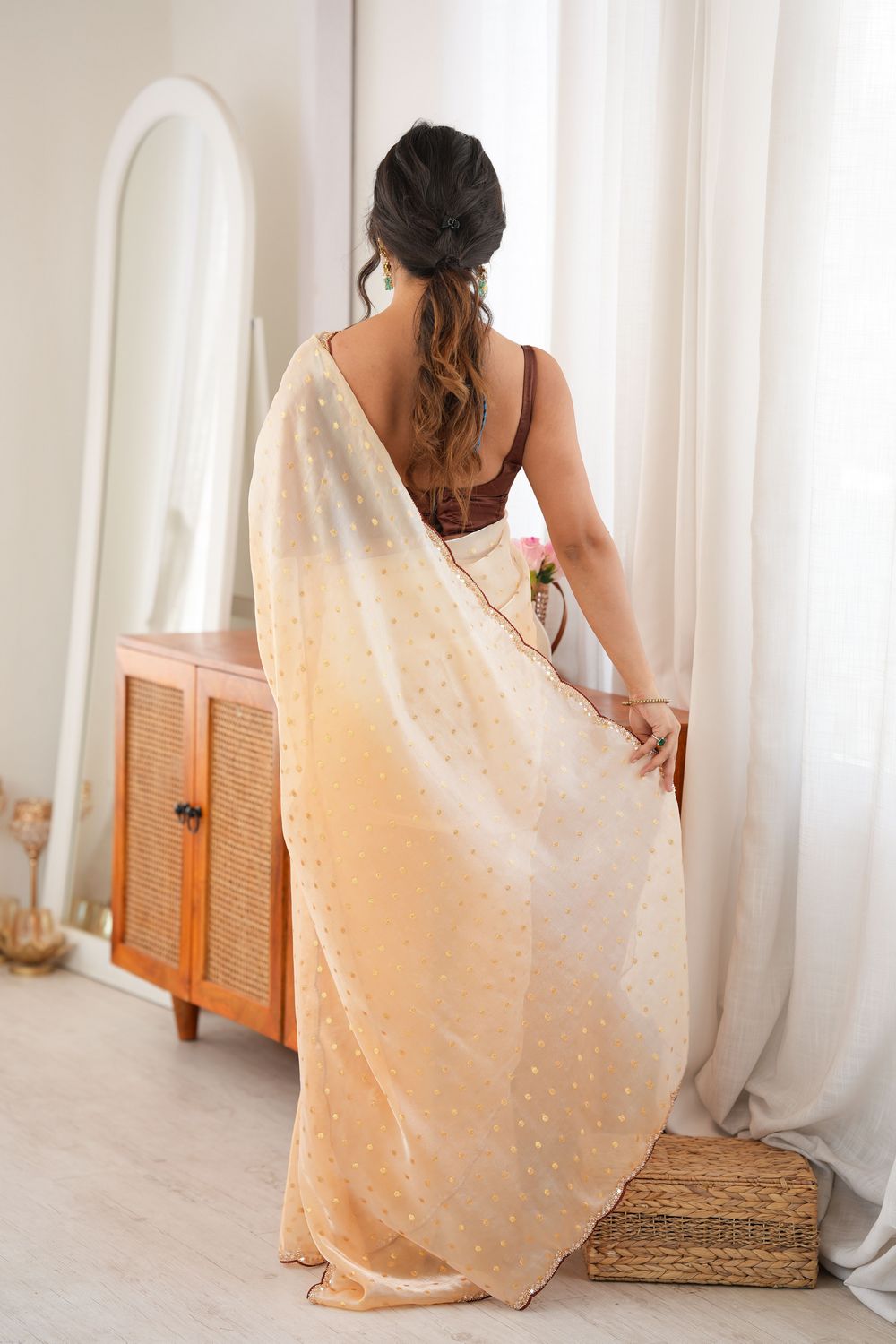 Cassia Cream &amp; Peach Satin Ombre Woven Butti Beads Cut Dana Work Ready to Wear Saree