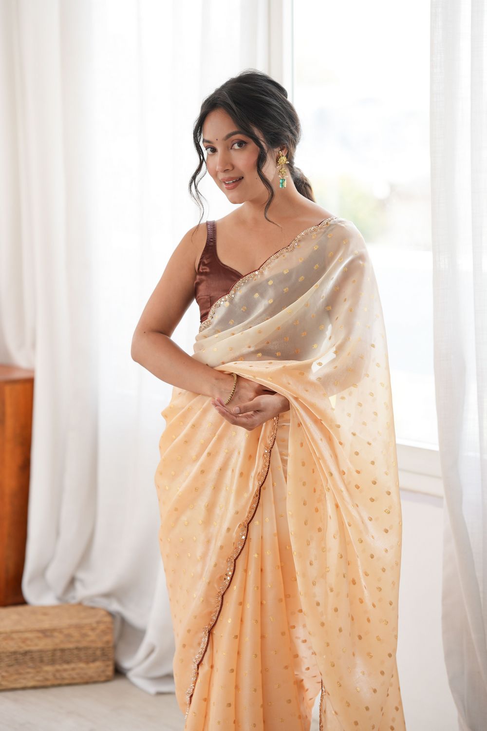 Cassia Cream &amp; Peach Satin Ombre Woven Butti Beads Cut Dana Work Ready to Wear Saree