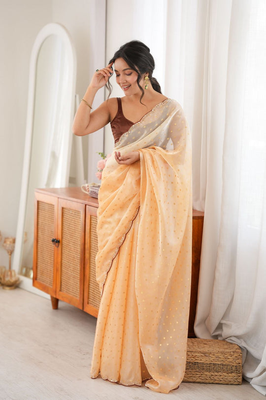 Cassia Cream &amp; Peach Satin Ombre Woven Butti Beads Cut Dana Work Ready to Wear Saree