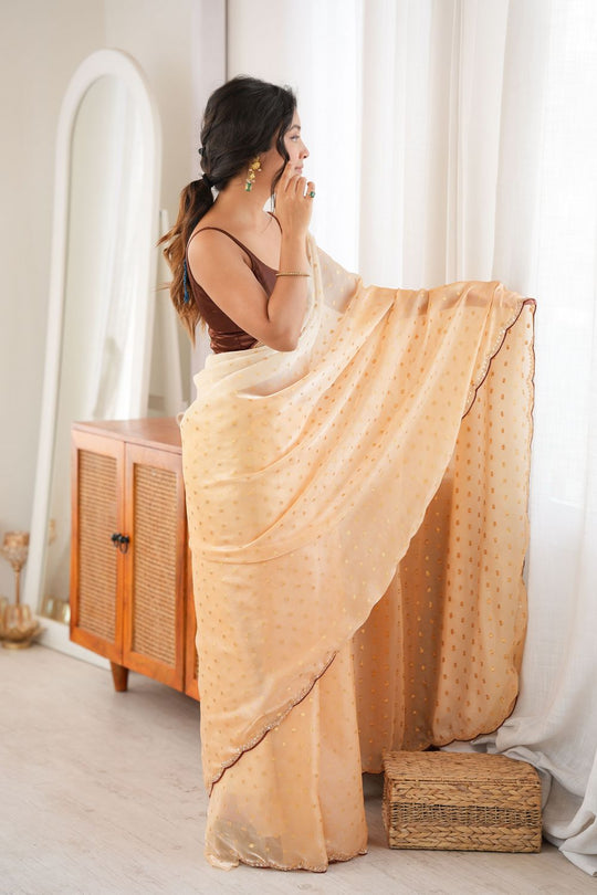 Cassia Cream &amp; Peach Satin Ombre Woven Butti Beads Cut Dana Work Ready to Wear Saree