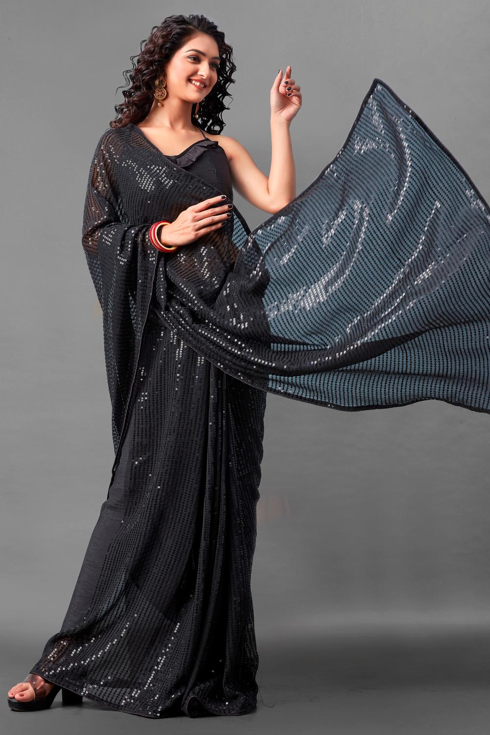 Mina Black Sequin Georgette Ready to Wear Party Wear Saree