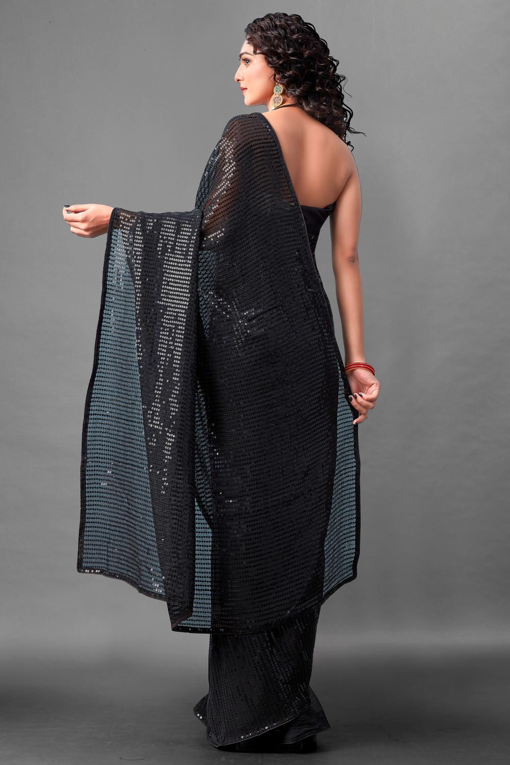 Mina Black Sequin Georgette Ready to Wear Party Wear Saree