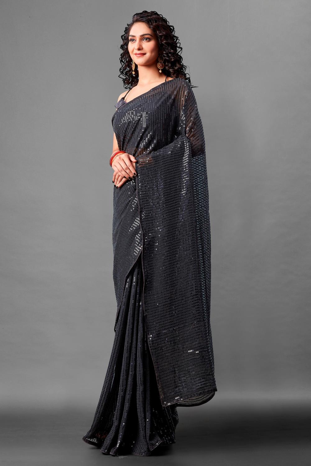 Mina Black Sequin Georgette Ready to Wear Party Wear Saree