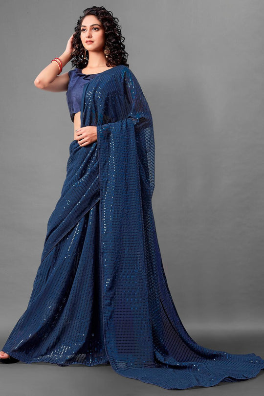 Mina Deep Navy Blue Sequin Georgette Ready to Wear Party Wear Saree