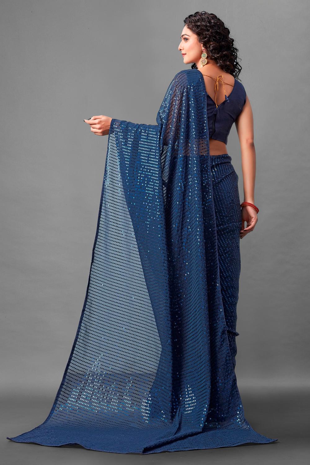 Mina Deep Navy Blue Sequin Georgette Ready to Wear Party Wear Saree