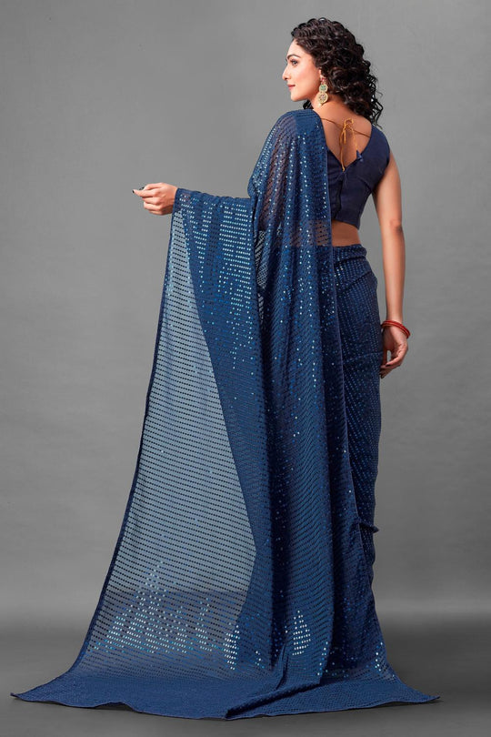 Mina Deep Navy Blue Sequin Georgette Ready to Wear Party Wear Saree