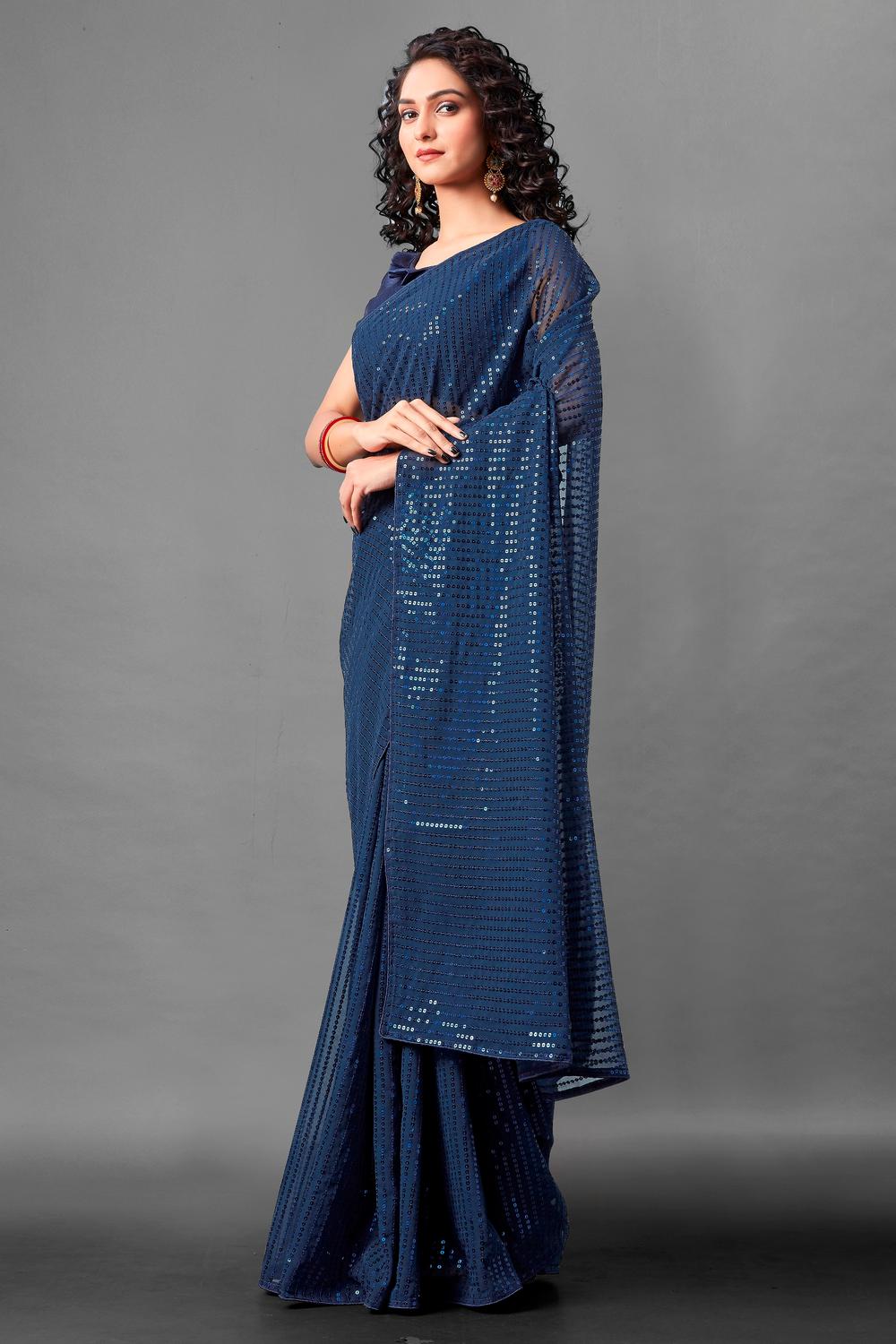 Mina Deep Navy Blue Sequin Georgette Ready to Wear Party Wear Saree