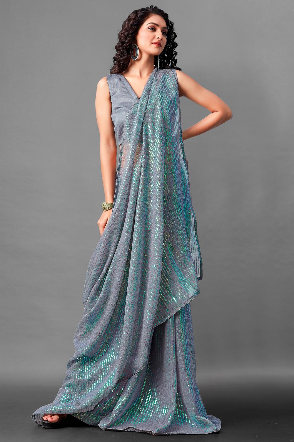 Mina Grey Sequin Georgette Ready to Wear Party Wear Saree