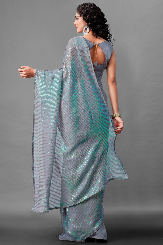 Mina Grey Sequin Georgette Ready to Wear Party Wear Saree