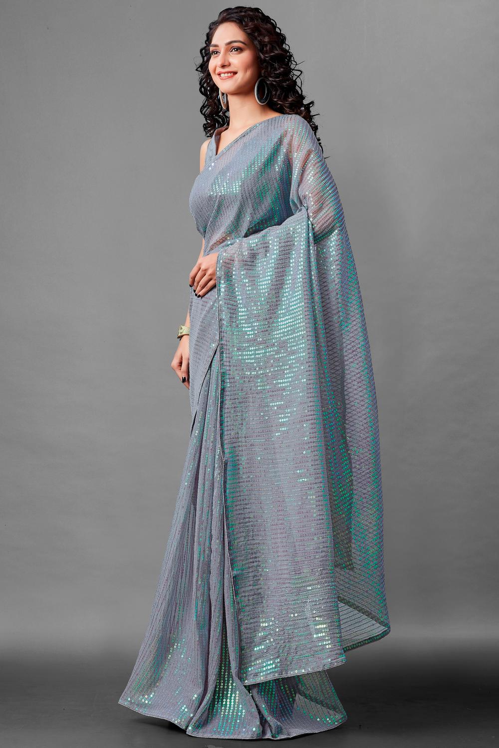 Mina Grey Sequin Georgette Ready to Wear Party Wear Saree