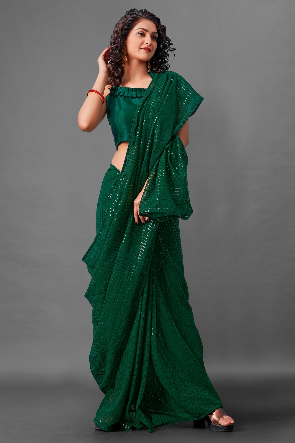 Mina Bottle Green Sequin Georgette Ready to Wear Party Wear Saree