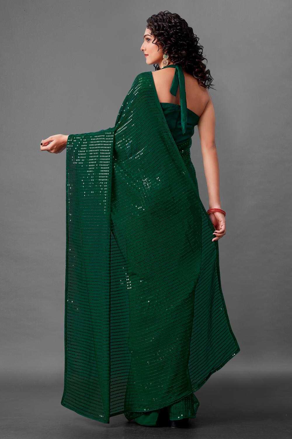 Mina Bottle Green Sequin Georgette Ready to Wear Party Wear Saree