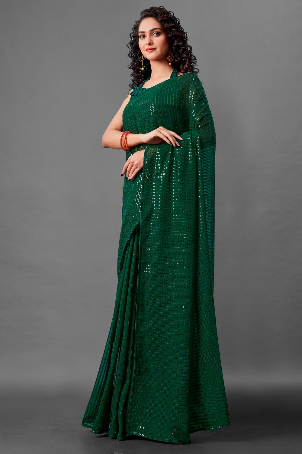 Mina Bottle Green Sequin Georgette Ready to Wear Party Wear Saree