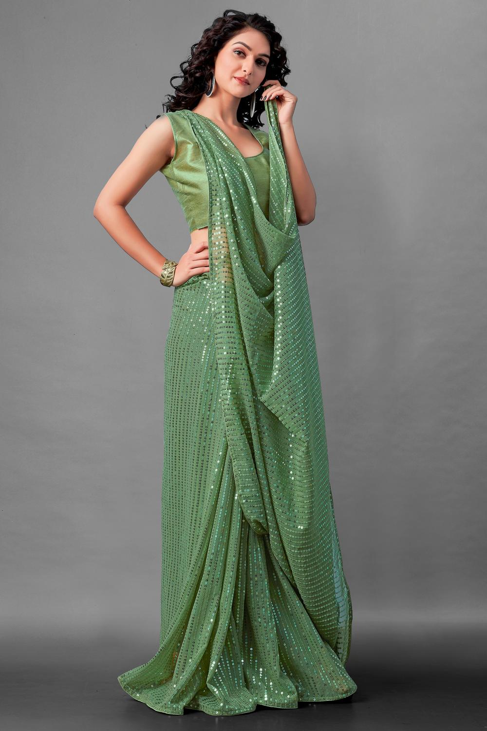 Mina Green Sequin Georgette Ready to Wear Party Wear Saree
