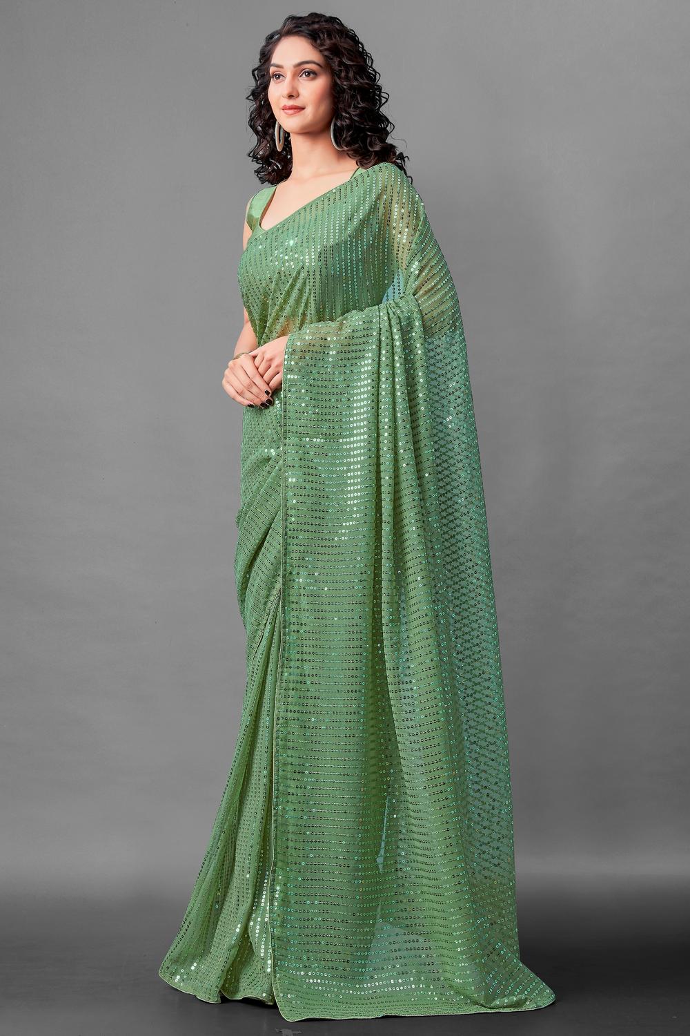 Mina Green Sequin Georgette Ready to Wear Party Wear Saree