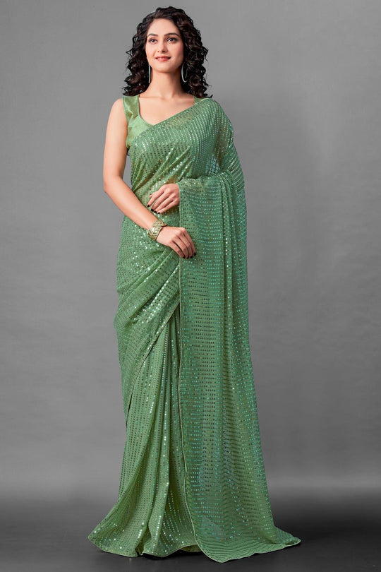 Mina Green Sequin Georgette Ready to Wear Party Wear Saree