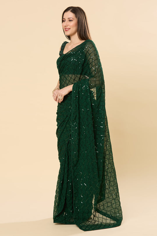 Ready to Wear Saree Huda Dark Green Sequins Georgette Saree