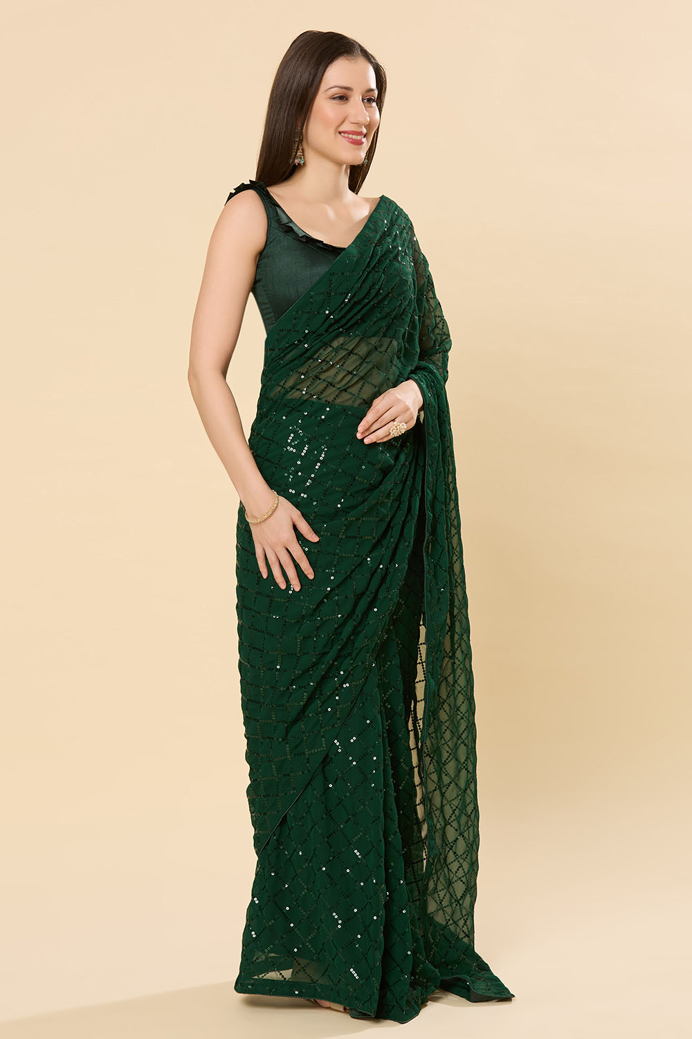 Ready to Wear Saree Huda Dark Green Sequins Georgette Saree