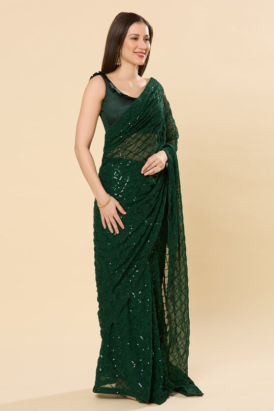 Ready to Wear Saree Huda Dark Green Sequins Georgette Saree