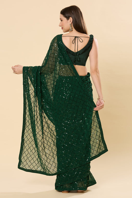 Ready to Wear Saree Huda Dark Green Sequins Georgette Saree