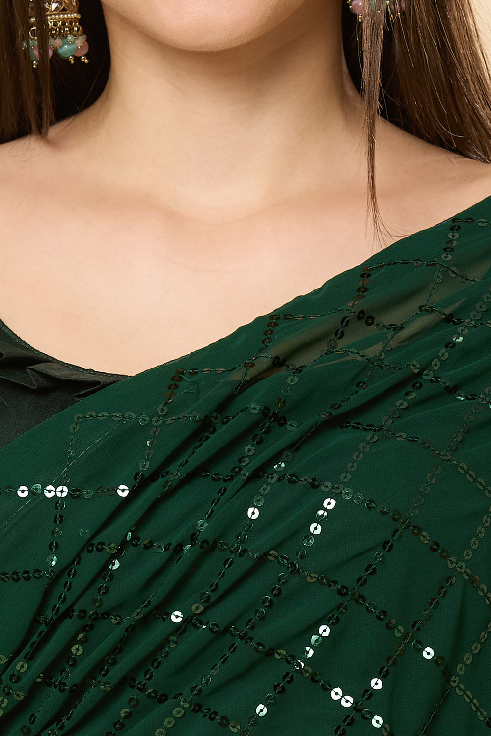 Ready to Wear Saree Huda Dark Green Sequins Georgette Saree