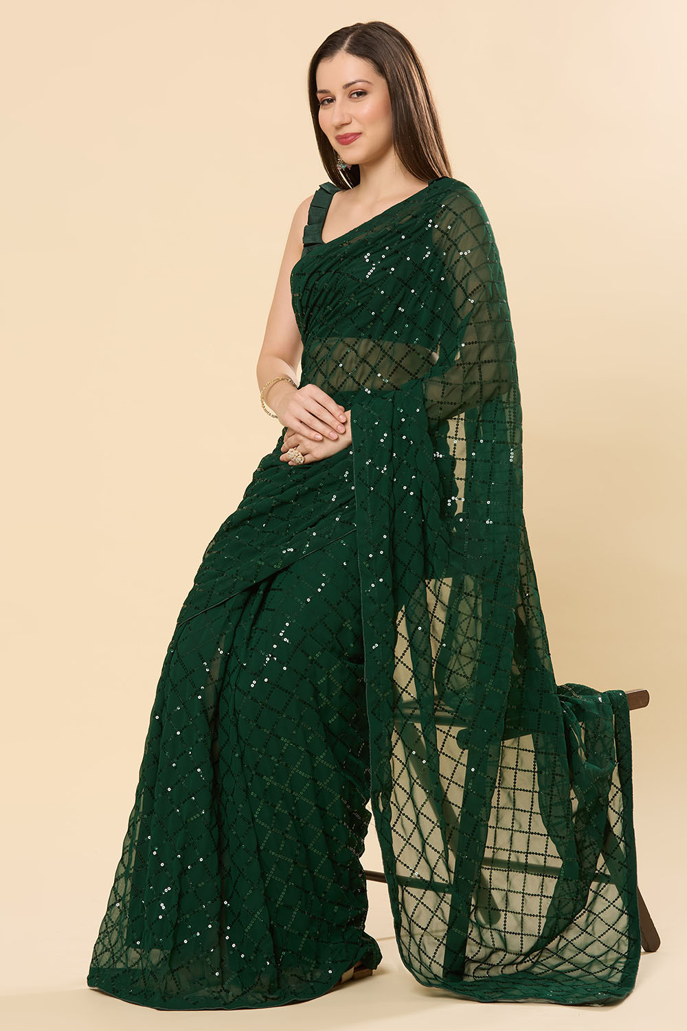 Ready to Wear Saree Huda Dark Green Sequins Georgette Saree