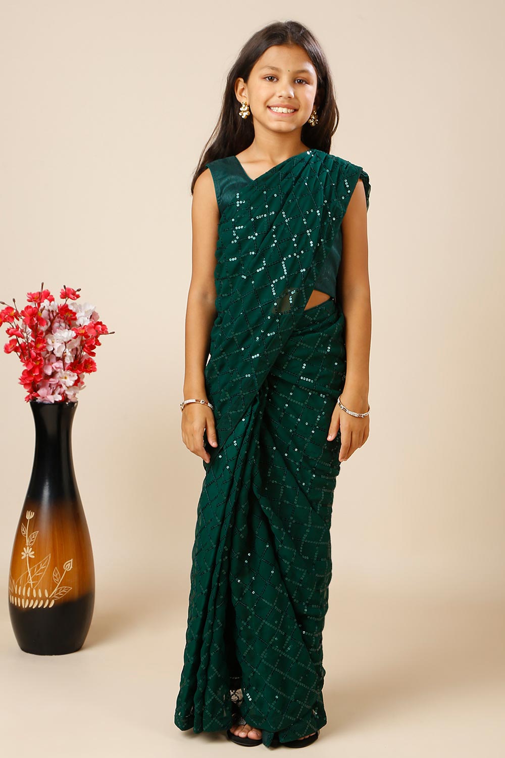 Huda Green Georgette Sequin One Minute Saree for Kids & Tweens