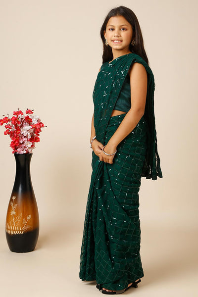 Huda Green Georgette Sequin One Minute Saree for Kids & Tweens