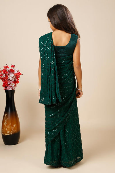 Huda Green Georgette Sequin One Minute Saree for Kids & Tweens