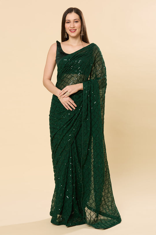 Ready to Wear Saree Huda Dark Green Sequins Georgette Saree