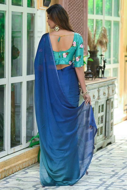 Darya Blue Chiffon Sequins Swarovski Embroidered Ready to Wear One Minute Saree