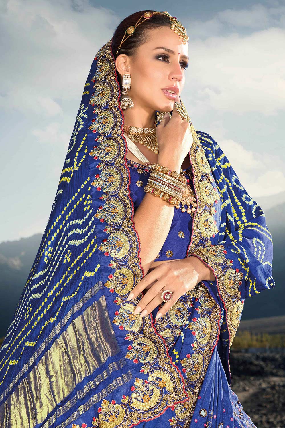 Ziba Royal Blue Satin Saree with Bandhani Embroidery & Mirror Work Ready to Wear One Minute Saree
