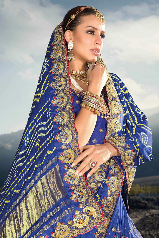 Ziba Royal Blue Satin Saree with Bandhani Embroidery & Mirror Work Ready to Wear One Minute Saree