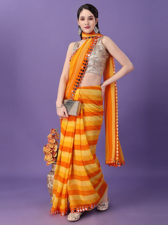 Nima Yellow and Orange Georgette Saree with Striped Design & Mirror Work Ready to Wear One Minute Saree