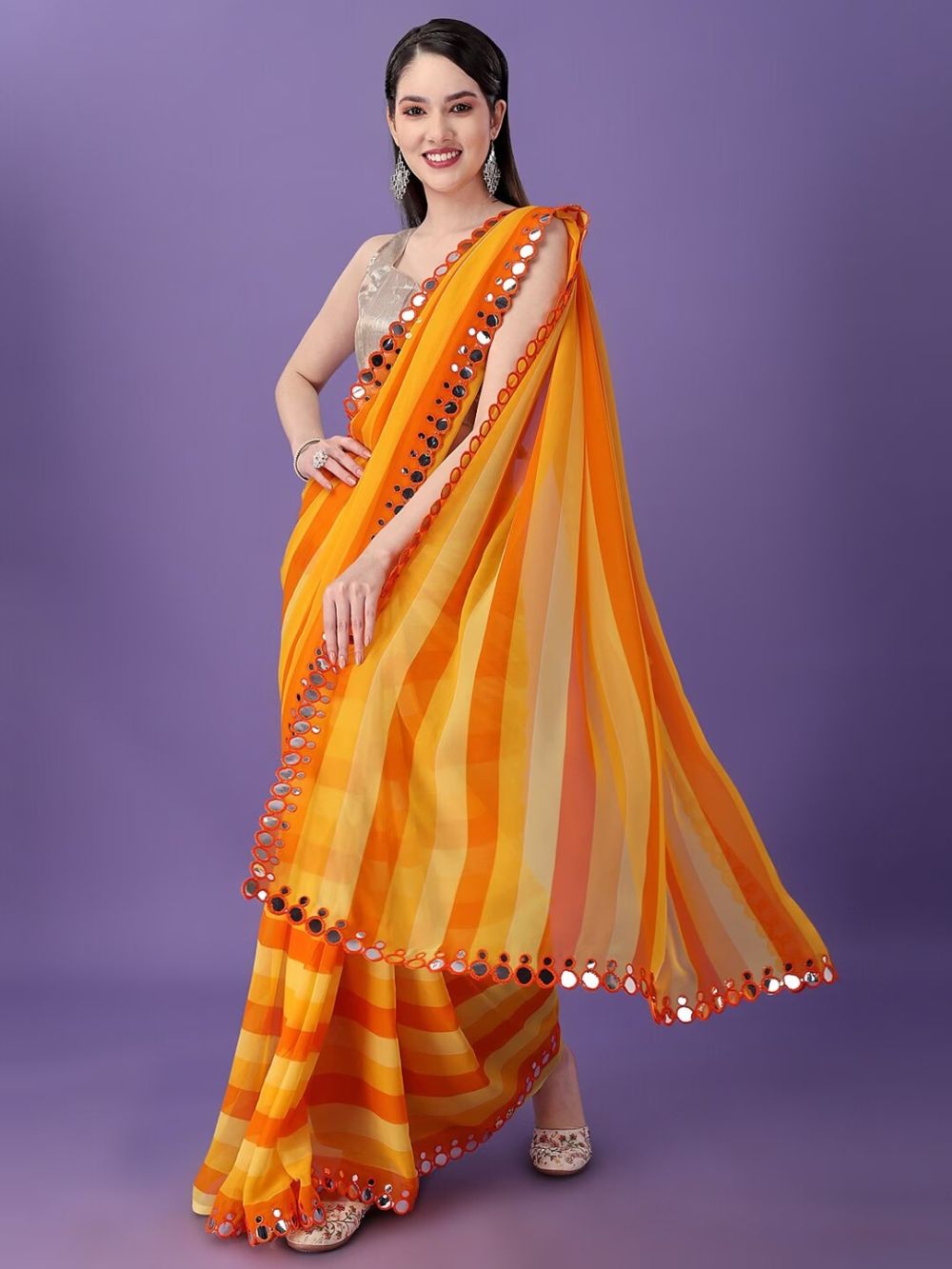Nima Yellow and Orange Georgette Saree with Striped Design & Mirror Work Ready to Wear One Minute Saree