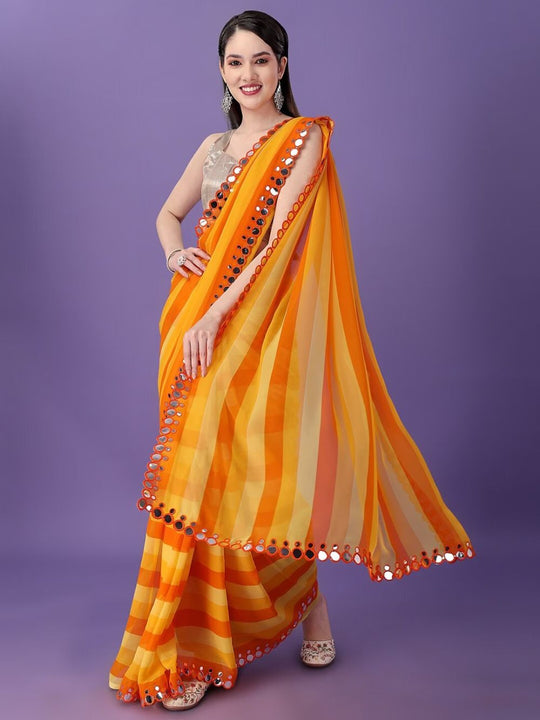 Nima Yellow and Orange Georgette Saree with Striped Design & Mirror Work Ready to Wear One Minute Saree