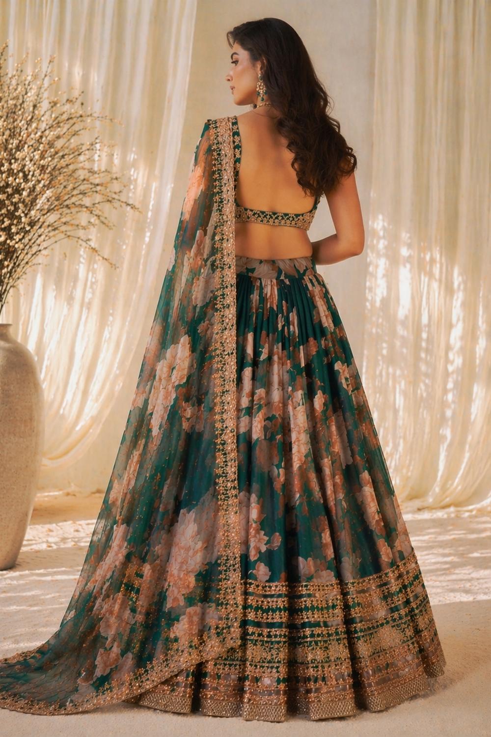 Florence Emerald Green Floral Printed Organza & Embroidered Lehenga Saree