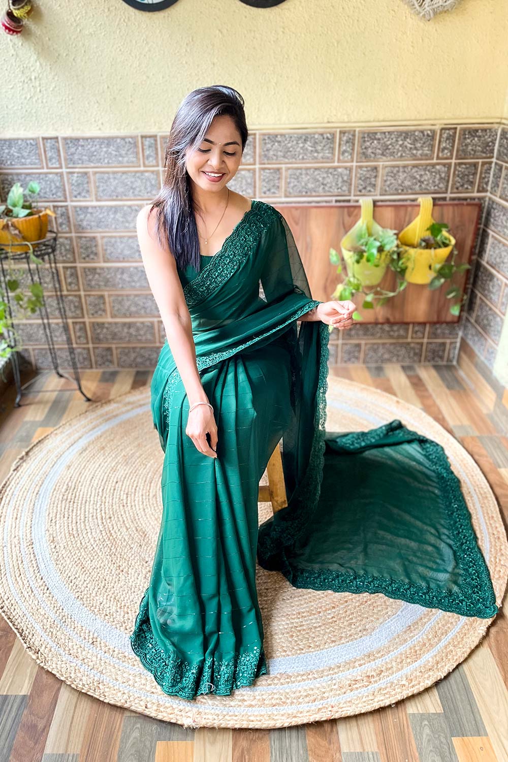 Rasa Green Georgette Saree with Embroidery Ready to Wear One Minute Saree