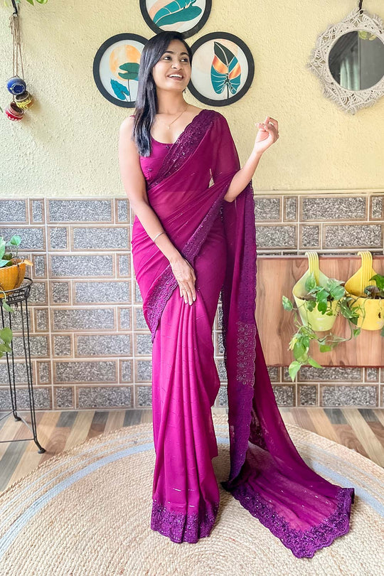 Tina Wine Georgette Saree with Embroidery Ready to Wear One Minute Saree