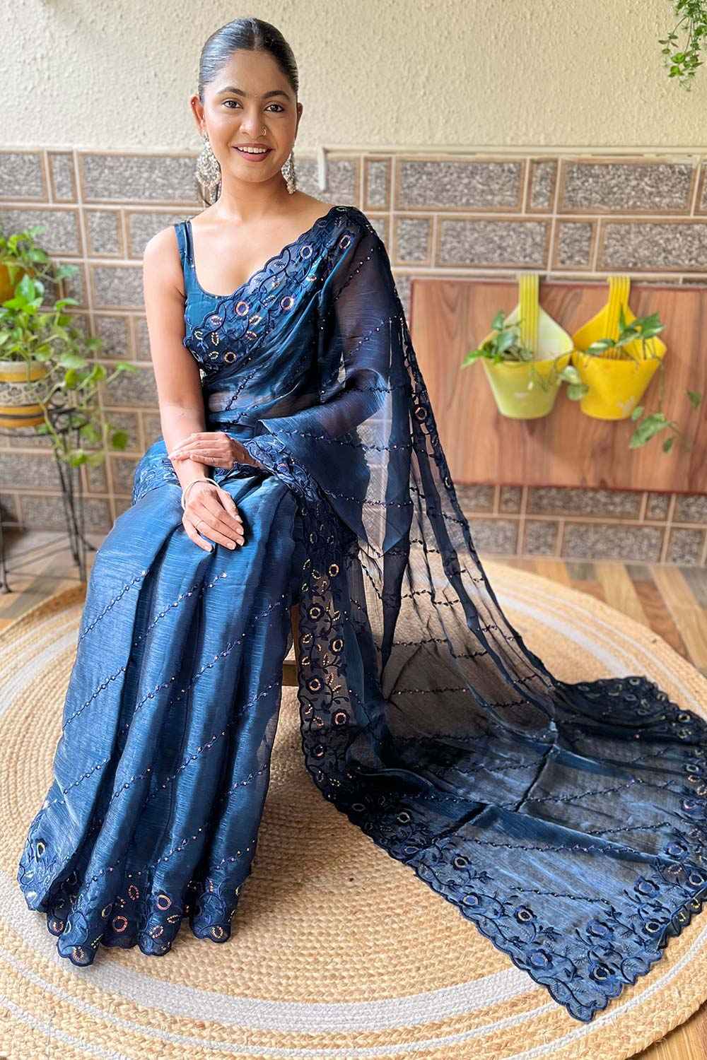 Neda Midnight Blue Burberry Saree with Embroidered Ready to Wear One Minute Saree