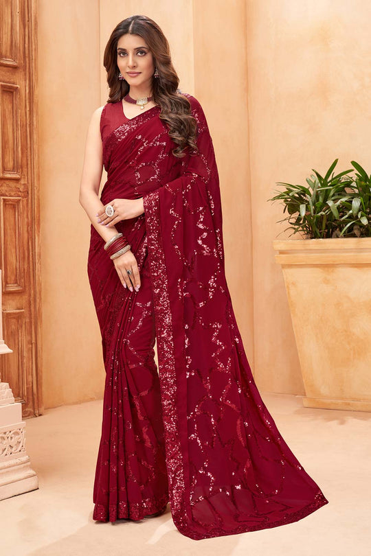 Kimiya Maroon Faux Georgette Sequin Saree Ready to Wear One Minute Saree
