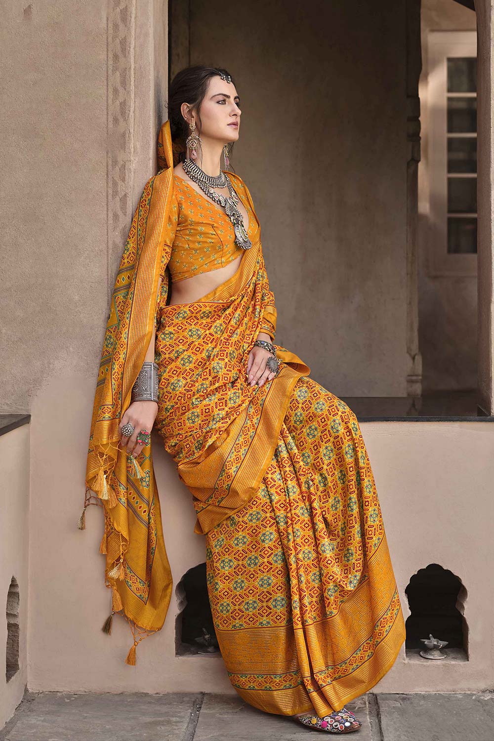 Amira Mustard Yellow Silk Saree with Printed Design Ready to Wear One Minute Saree