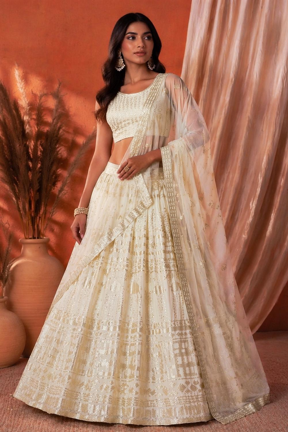 Zeena White Designer Sequin & Thread Embroidered Georgette Lehenga Saree