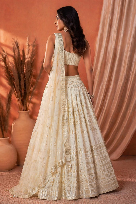 Zeena White Designer Sequin &amp; Thread Embroidered Georgette Lehenga Saree